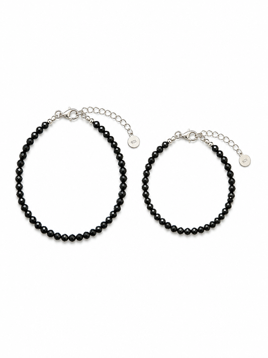 Black Onyx Beaded Bracelets - 925 Sterling Silver Chain (Adult & Child)