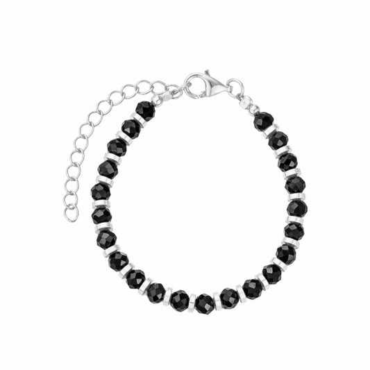White Gold Plated 925 Sterling Silver and Black Onyx Beaded Bracelet (Child)